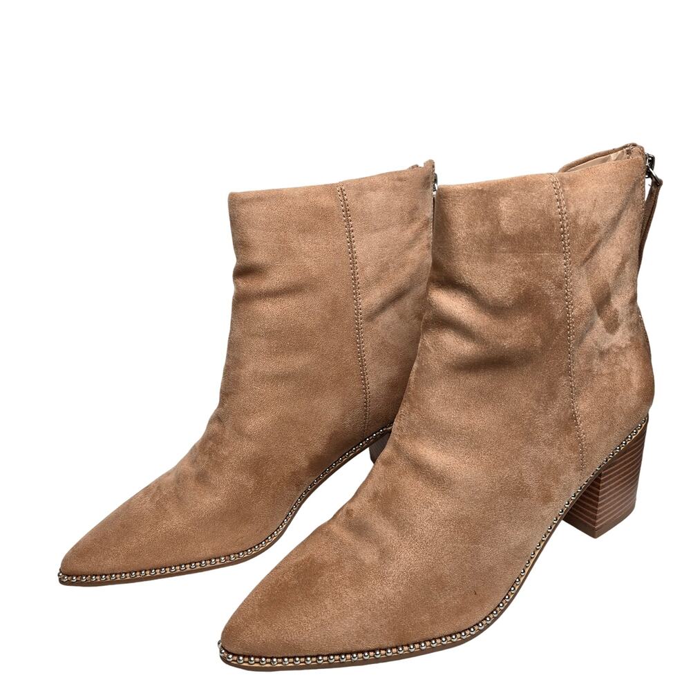 LAICIGO Suede Pointed Toe Ankle Boot Chunky Stacked Heel Back Zipper Sz 11 Beige